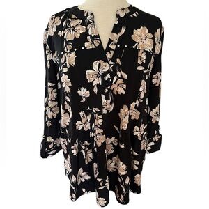 COCOMO XL Black Beige Floral 3/4 Sleeve women's Pintuck Blouse Tunic …